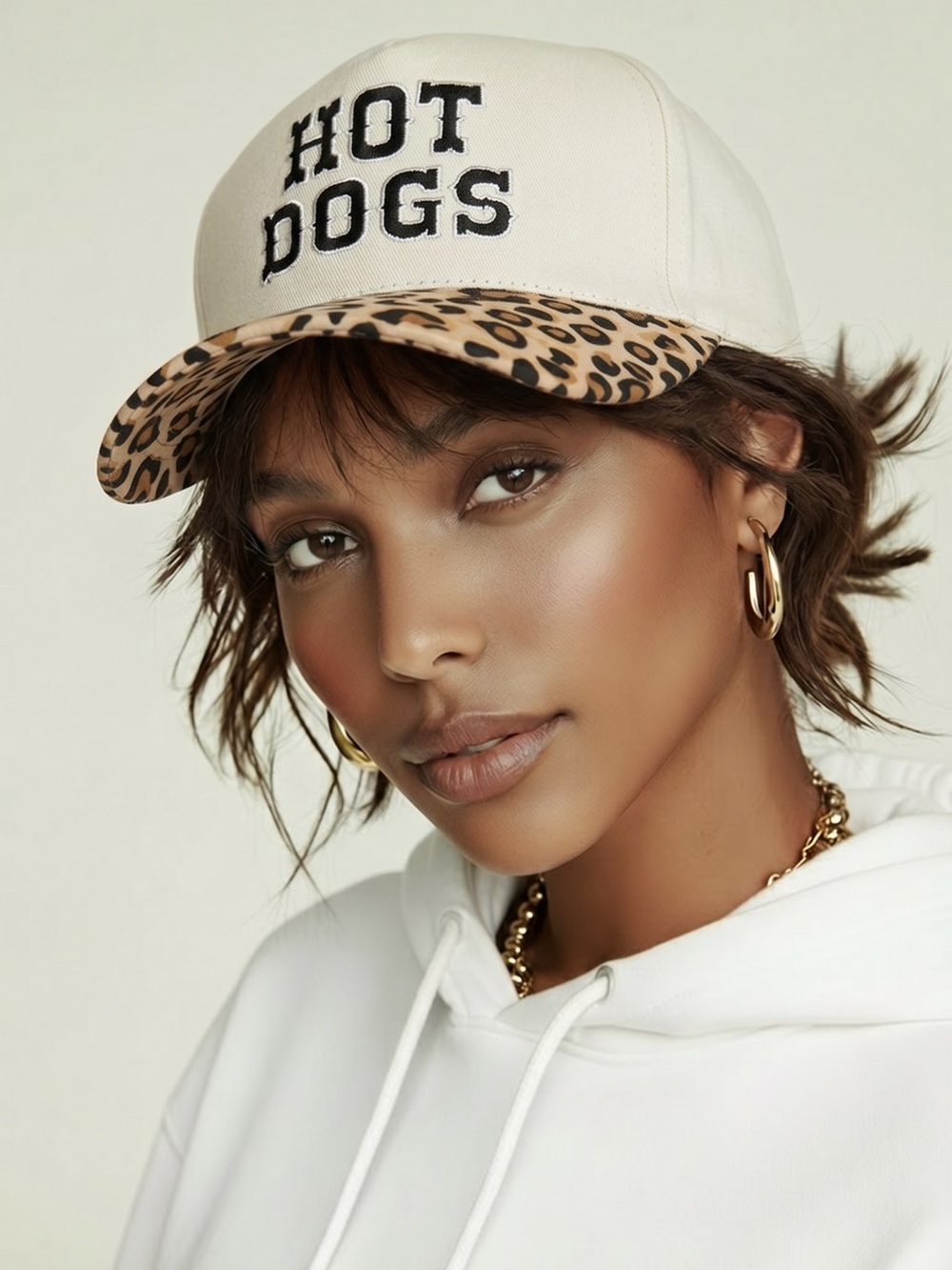NWT Women’s Trucker Hat Cream & Animal Print Embroidered Hot Dogs Baseball Cap